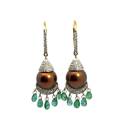 Modern 18KY gold, South Seas Pearls, emeralds and diamond drop earrings