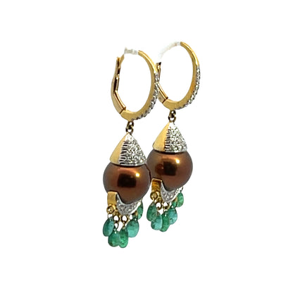 Modern 18KY gold, South Seas Pearls, emeralds and diamond drop earrings