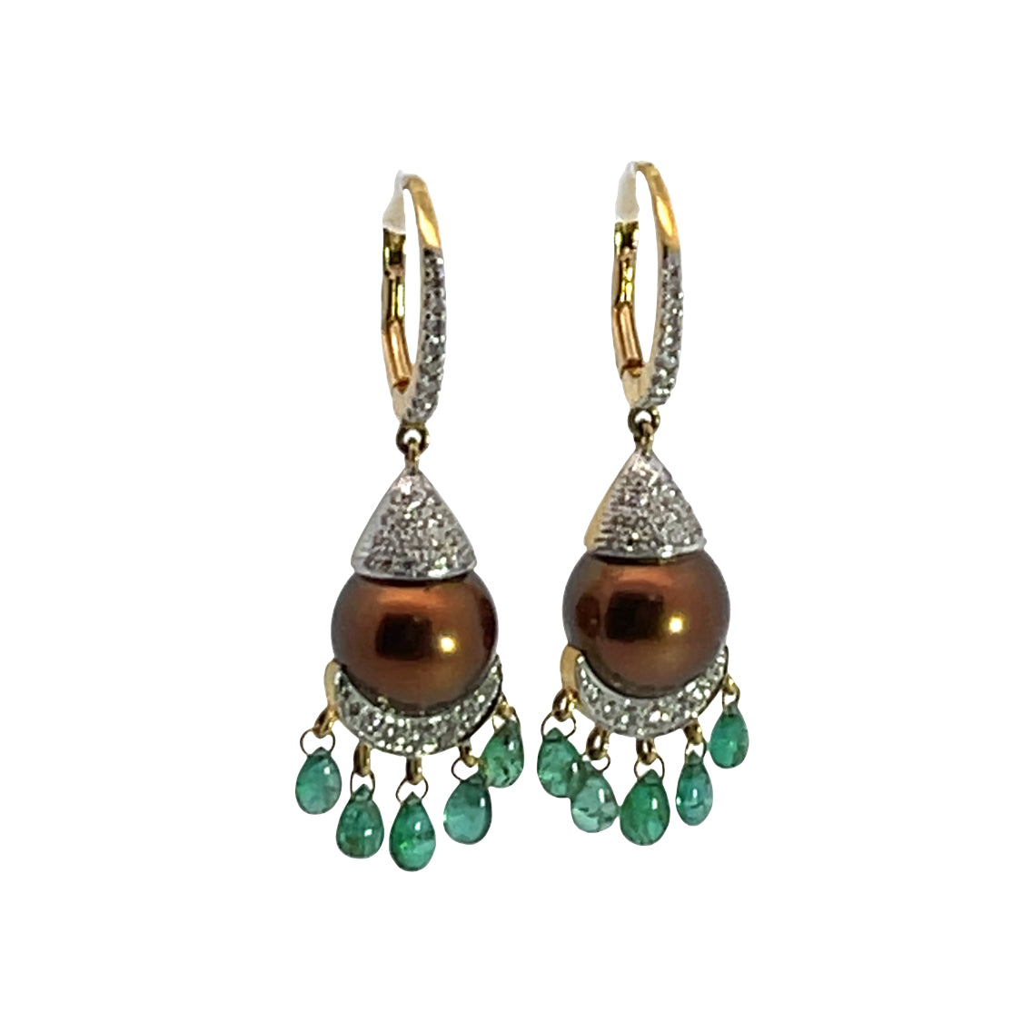 Modern 18KY gold, South Seas Pearls, emeralds and diamond drop earrings