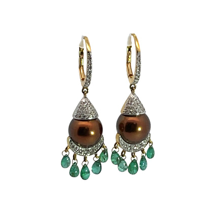Modern 18KY gold, South Seas Pearls, emeralds and diamond drop earrings