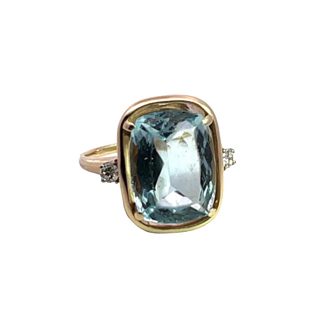 Modern 14KY gold cushion aquamarine and diamond ring