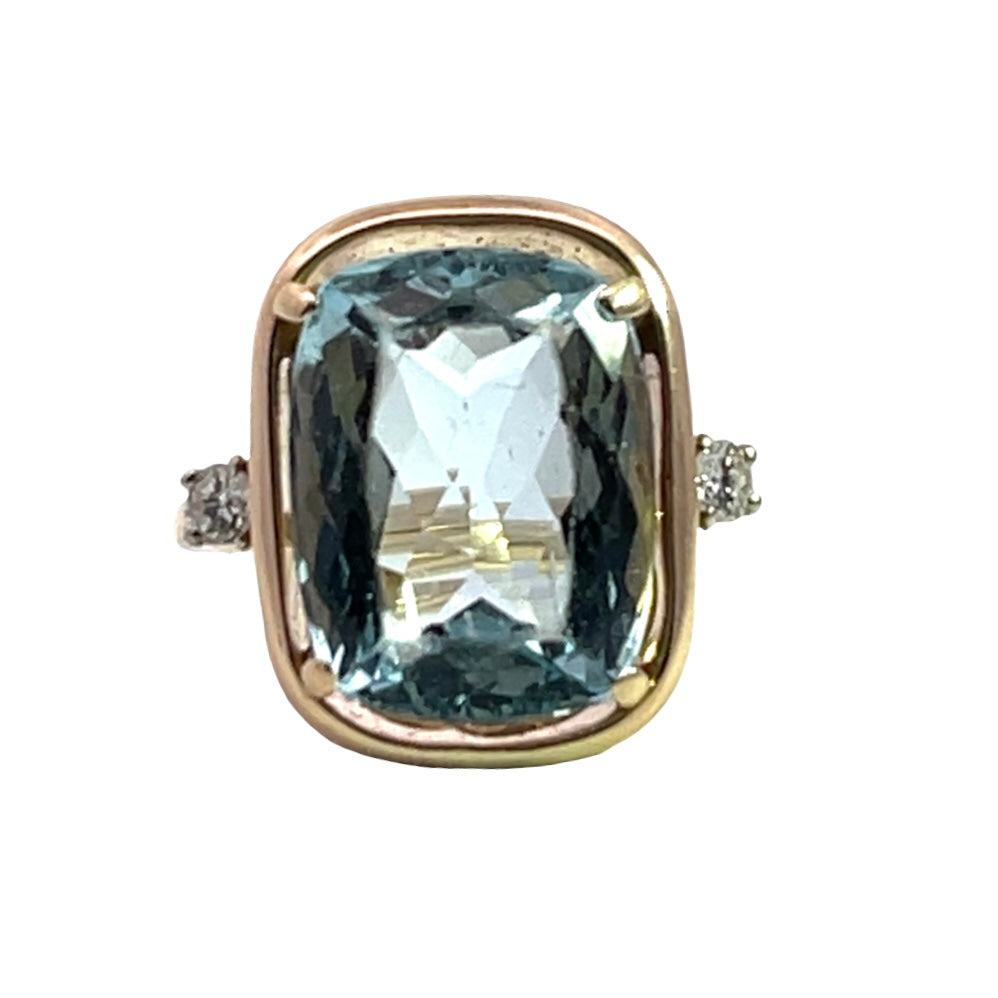 Modern 14KY gold cushion aquamarine and diamond ring