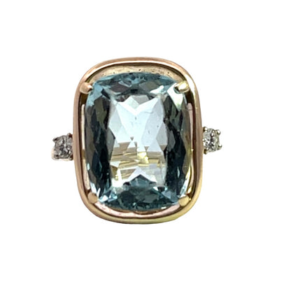 Modern 14KY gold cushion aquamarine and diamond ring