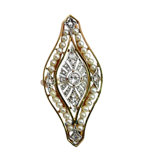 Art Deco 18KY and White gold pearl and diamond ring