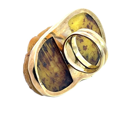 Antique 18KY gold and carved amber Tibetan Goddess ring
