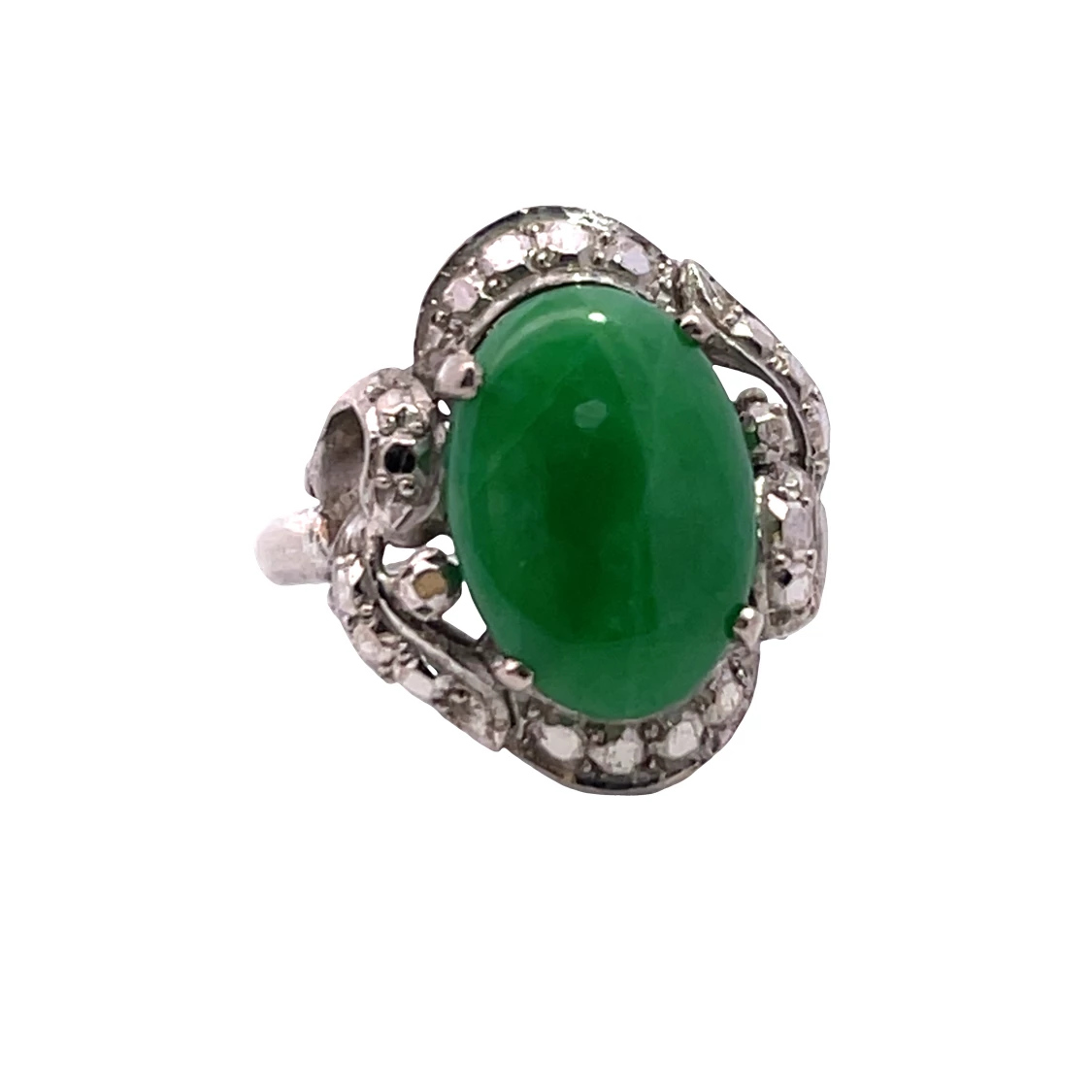 Art Deco 14K white gold, diamond and jade ring as is
