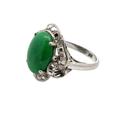 Art Deco 14K white gold, diamond and jade ring as is
