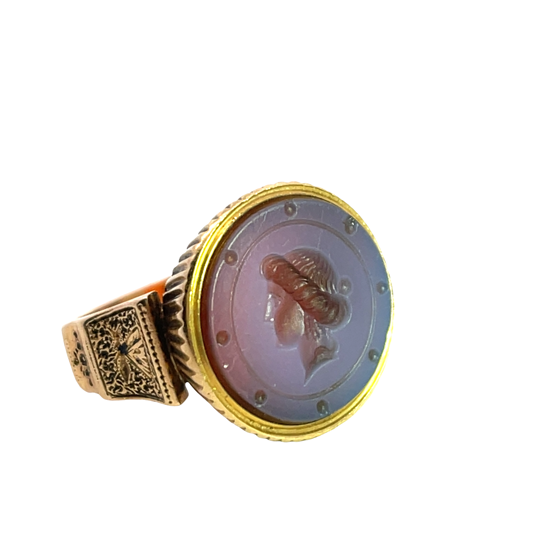 Victorian 14KY gold, agate intaglio, and enamel ring