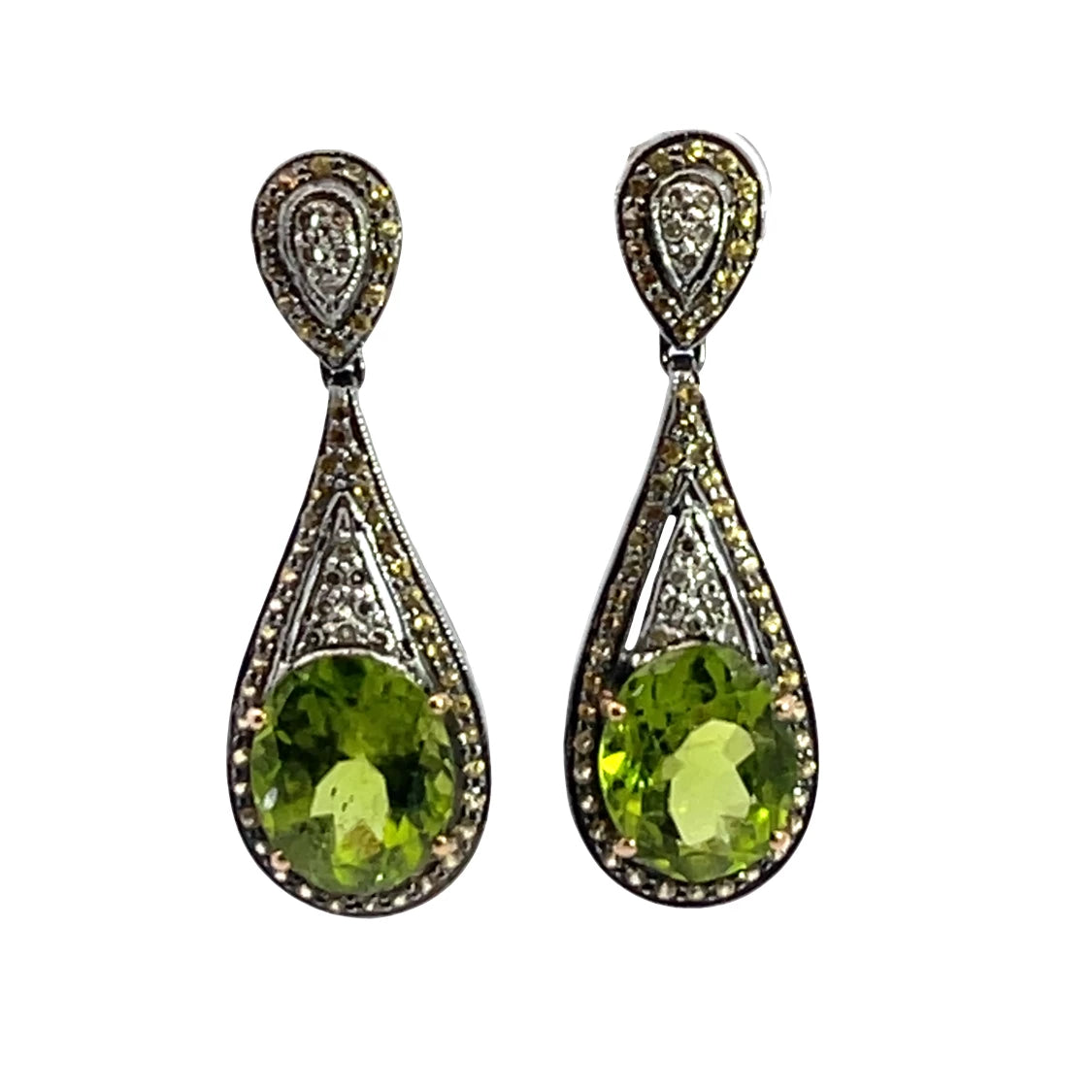 Modern Sterling Silver, 18KY gold, peridot, yellow sapphires and diamond drop earrings