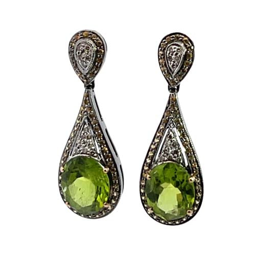 Modern Sterling Silver, 18KY gold, peridot, yellow sapphires and diamond drop earrings