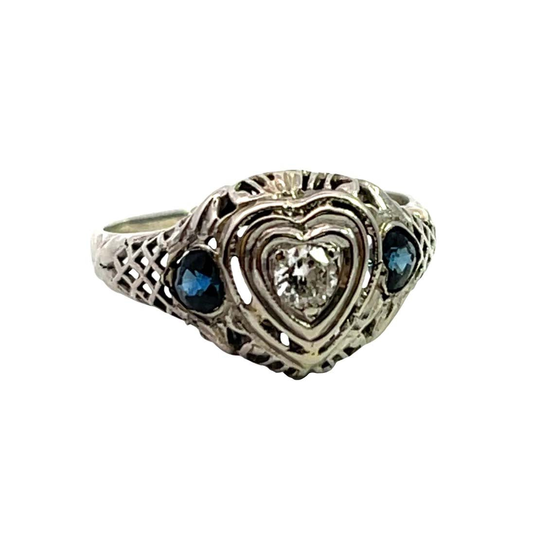 Victorian 18K white gold and sapphire heart filigree ring