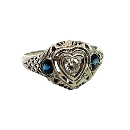 Victorian 18K white gold and sapphire heart filigree ring