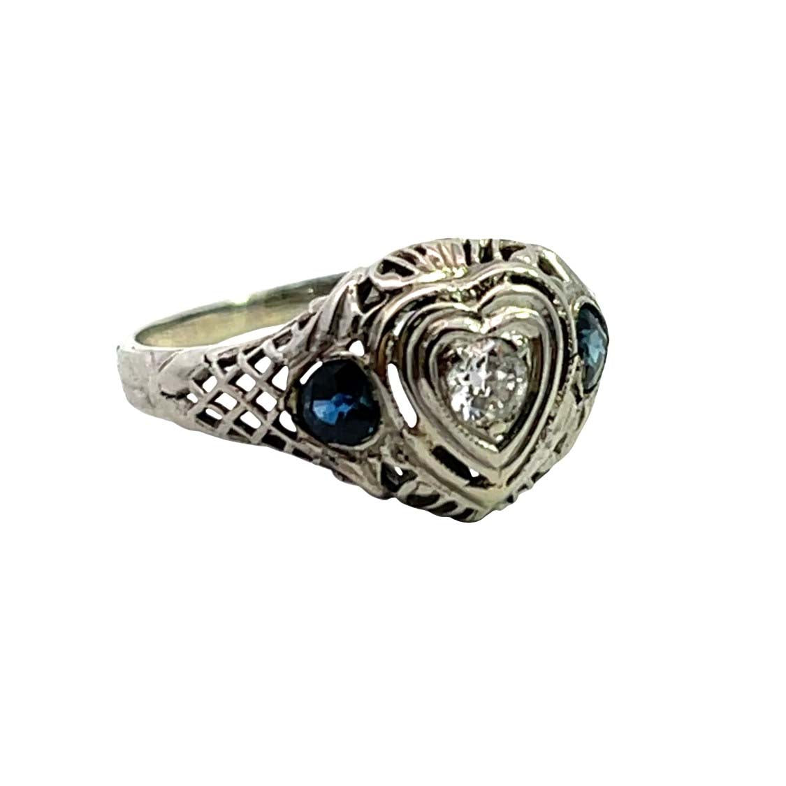 Victorian 18K white gold and sapphire heart filigree ring