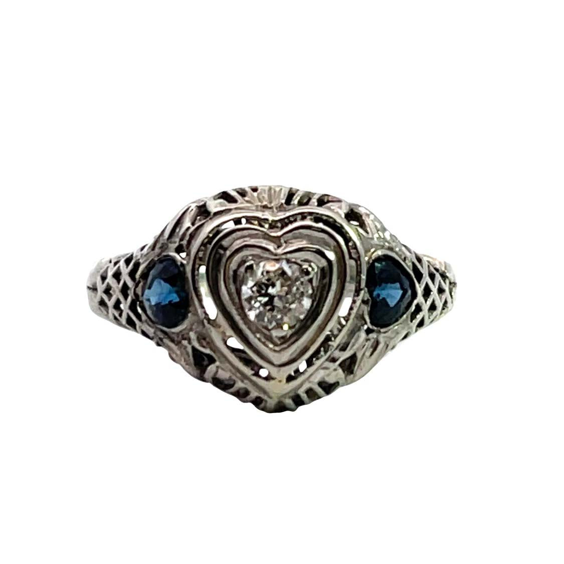 Victorian 18K white gold and sapphire heart filigree ring
