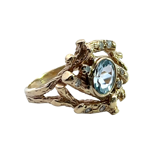 Brutalist 14KY gold, aquamarine and diamond ring