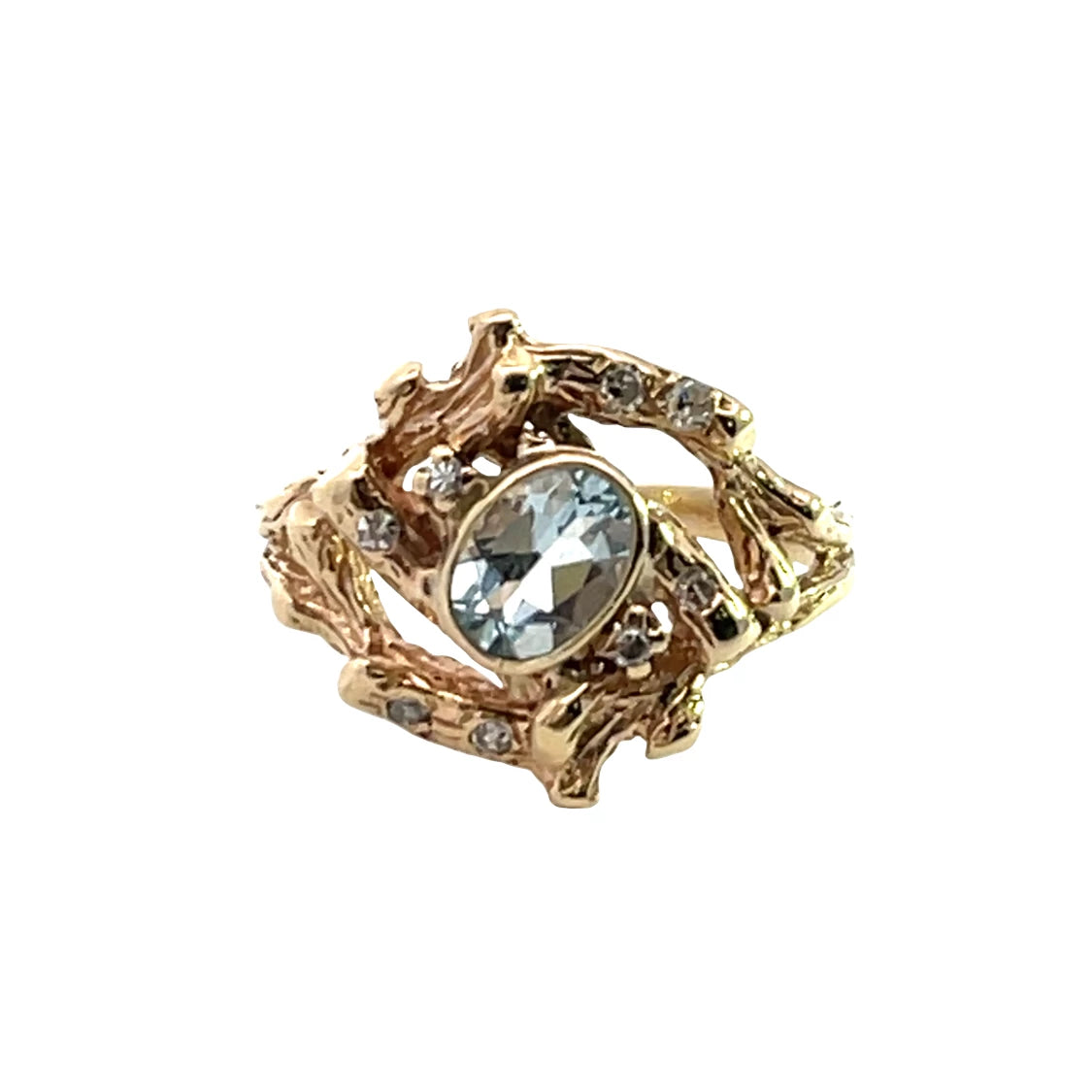 Brutalist 14KY gold, aquamarine and diamond ring