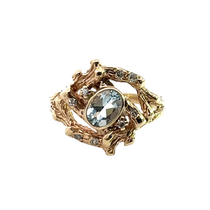 Brutalist 14KY gold, aquamarine and diamond ring