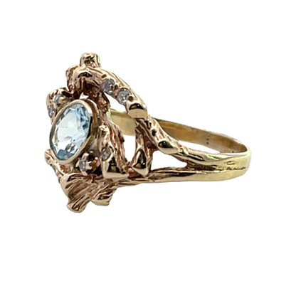 Brutalist 14KY gold, aquamarine and diamond ring