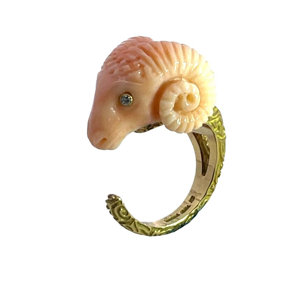 Modern 18KY gold, carved coral and diamond Ram's head ring