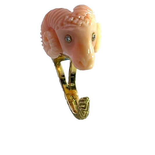 Modern 18KY gold, carved coral and diamond Ram's head ring
