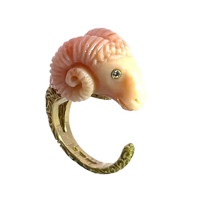 Modern 18KY gold, carved coral and diamond Ram's head ring