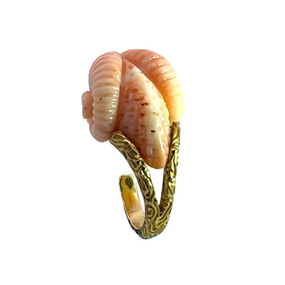 Modern 18KY gold, carved coral and diamond Ram's head ring