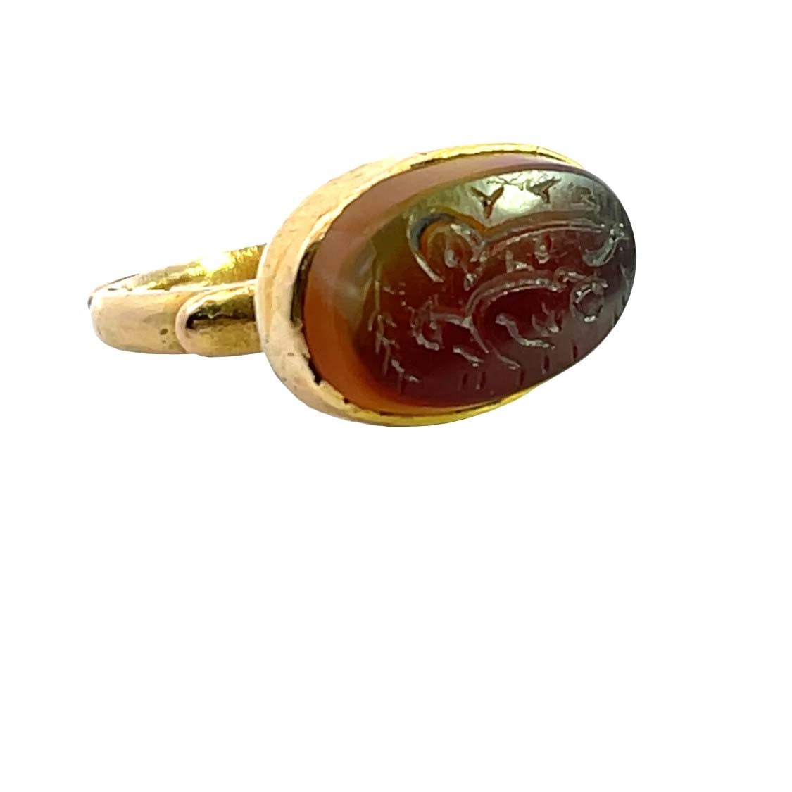 Modern 22KY gold setting with ancient agate intaglio prayer seal ring