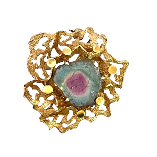 Brutalist 14KY gold with bi-color tourmaline pin