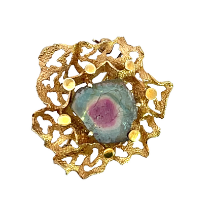 Brutalist 14KY gold with bi-color tourmaline pin