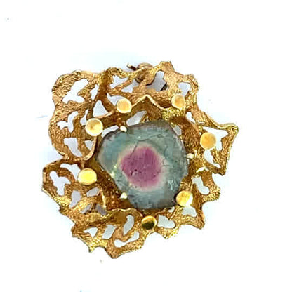 Brutalist 14KY gold with bi-color tourmaline pin