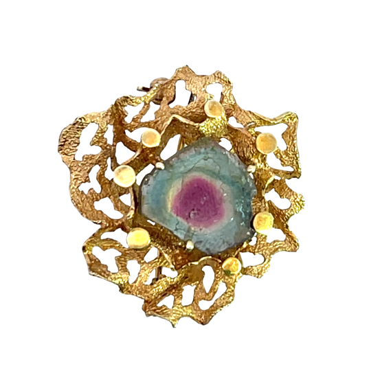 Brutalist 14KY gold with bi-color tourmaline pin