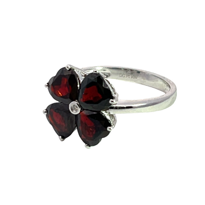 Modern platinum garnet and diamond clover heart ring