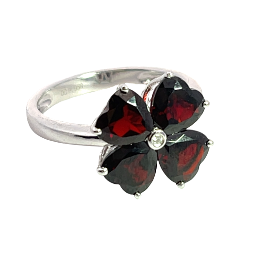 Modern platinum garnet and diamond clover heart ring