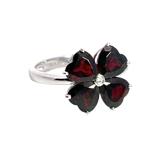 Modern platinum garnet and diamond clover heart ring