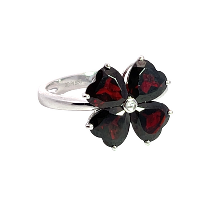Modern platinum garnet and diamond clover heart ring