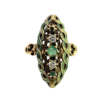 Victorian 10KY gold, diamond, emerald and enamel ring