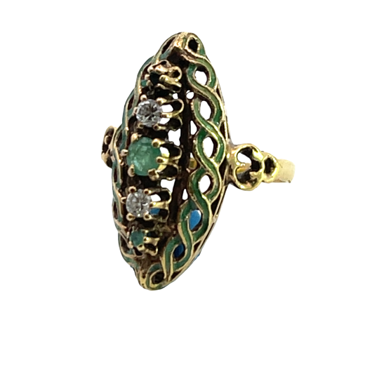 Victorian 10KY gold, diamond, emerald and enamel ring