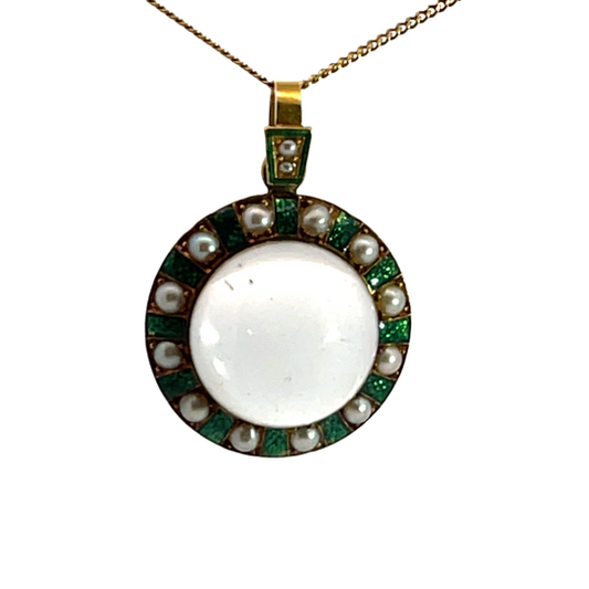 Victorian 18KY gold quartz crystal, seed pearl and enamel pendant with chain