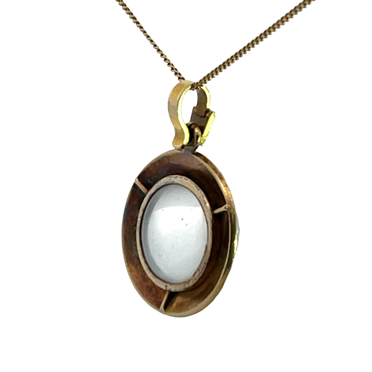 Victorian 18KY gold quartz crystal, seed pearl and enamel pendant with chain