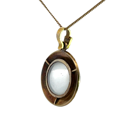 Victorian 18KY gold quartz crystal, seed pearl and enamel pendant with chain