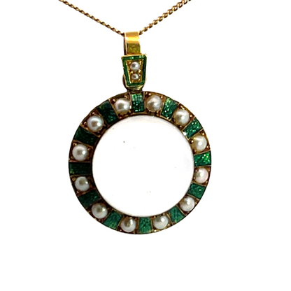 Victorian 18KY gold quartz crystal, seed pearl and enamel pendant with chain