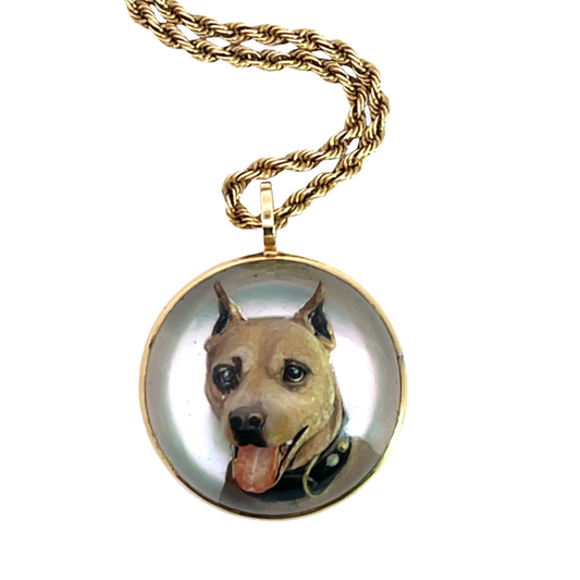 Victorian Essex 14KY gold, quartz crystal, mother of pearl Pit Bull Terrier pendant