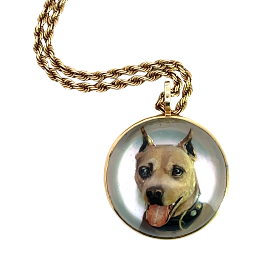 Victorian Essex 14KY gold, quartz crystal, mother of pearl Pit Bull Terrier pendant