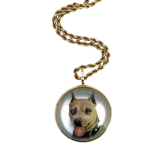 Victorian Essex 14KY gold, quartz crystal, mother of pearl Pit Bull Terrier pendant