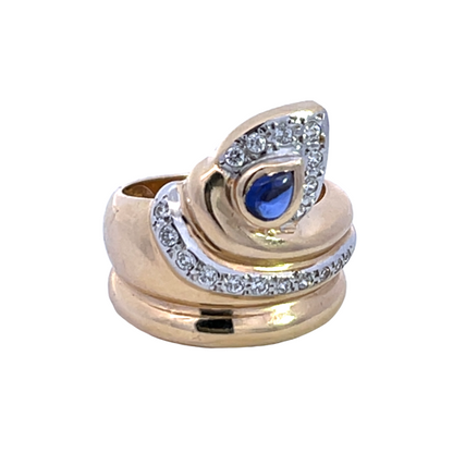 Modern 14K yellow and white gold diamond and sapphire snake ring