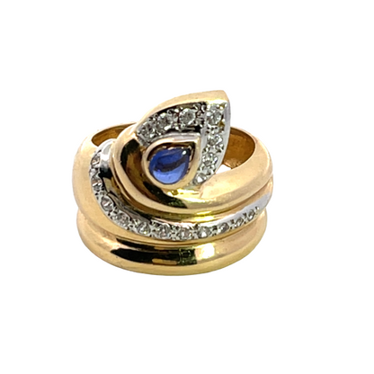 Modern 14K yellow and white gold diamond and sapphire snake ring