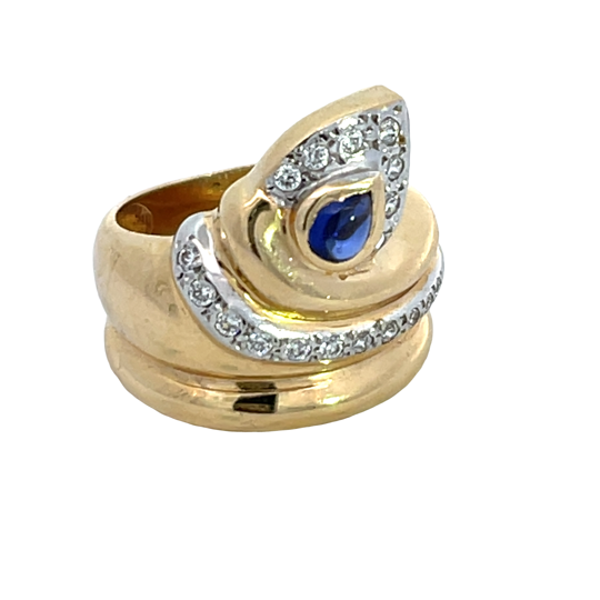 Modern 14K yellow and white gold diamond and sapphire snake ring