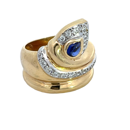 Modern 14K yellow and white gold diamond and sapphire snake ring