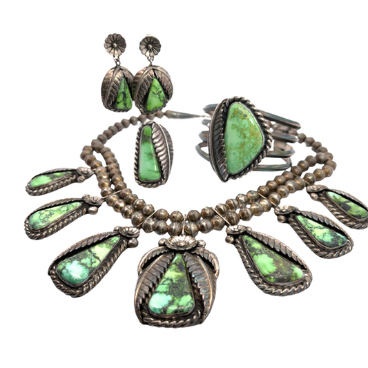 Native American set of green turquoise and sterling silver necklace, earrings, cuff bracelet and ring