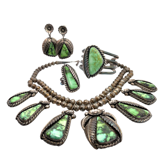 Native American set of green turquoise and sterling silver necklace, earrings, cuff bracelet and ring